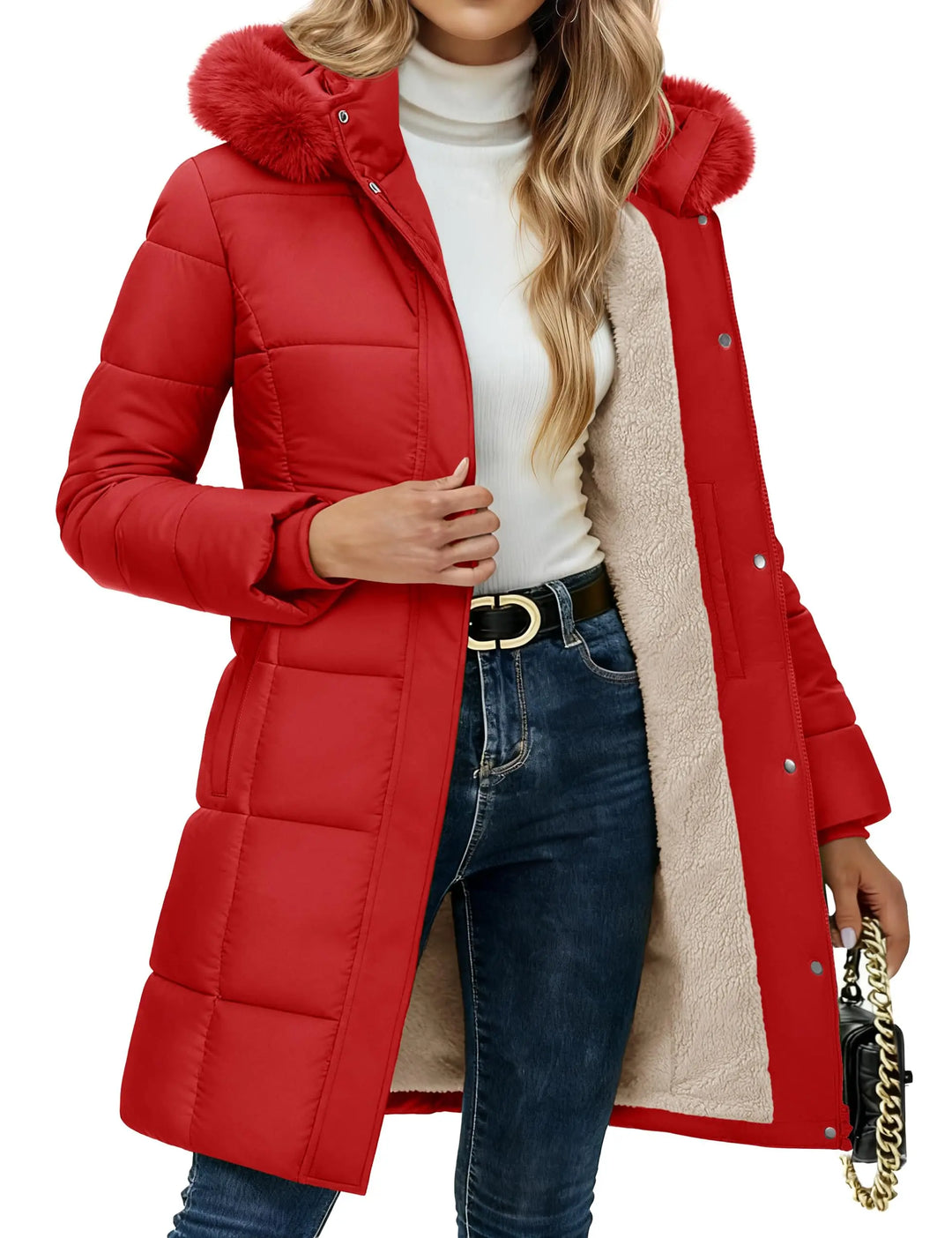 Red quilted puffer coat with faux fur hood, close up front view
