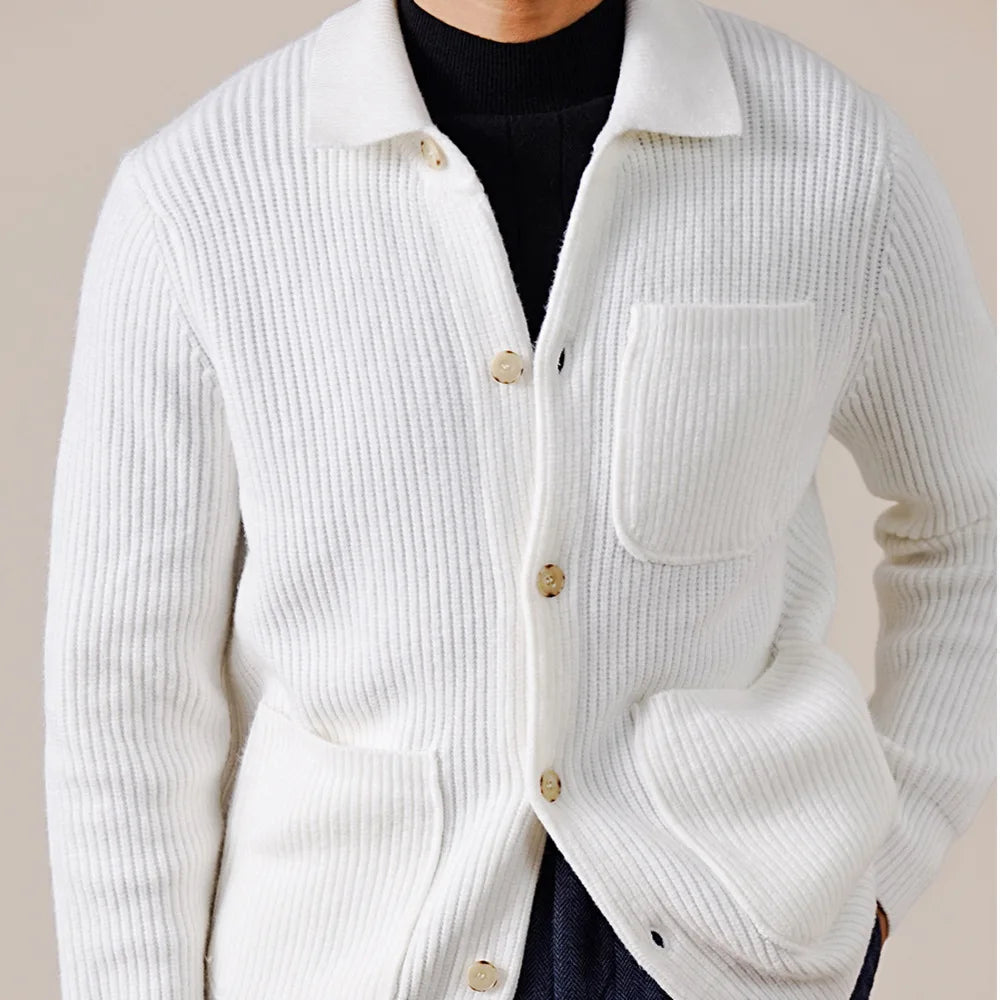 White ribbed knit cardigan with point collar and button front