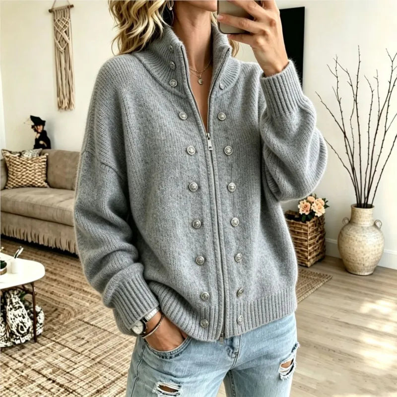Woman wearing grey stand collar zip cardigan with button details