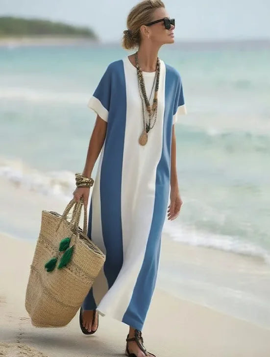 Ivy Striped Short Sleeve Flowing Maxi Dress