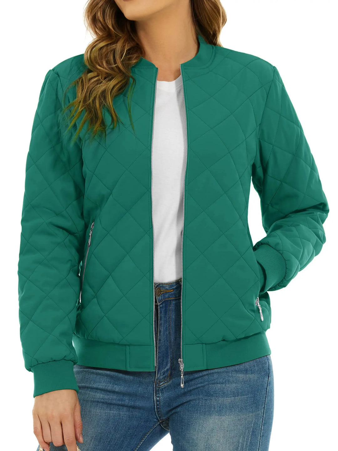 Close up of emerald green quilted bomber jacket with zip pocket