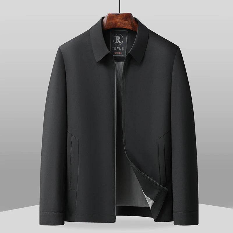 Black zip-front jacket on hanger, front view