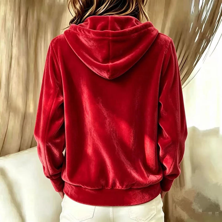 Red velvet hooded jacket, back view showing hood