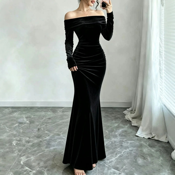 Black velvet off-shoulder mermaid maxi dress front view