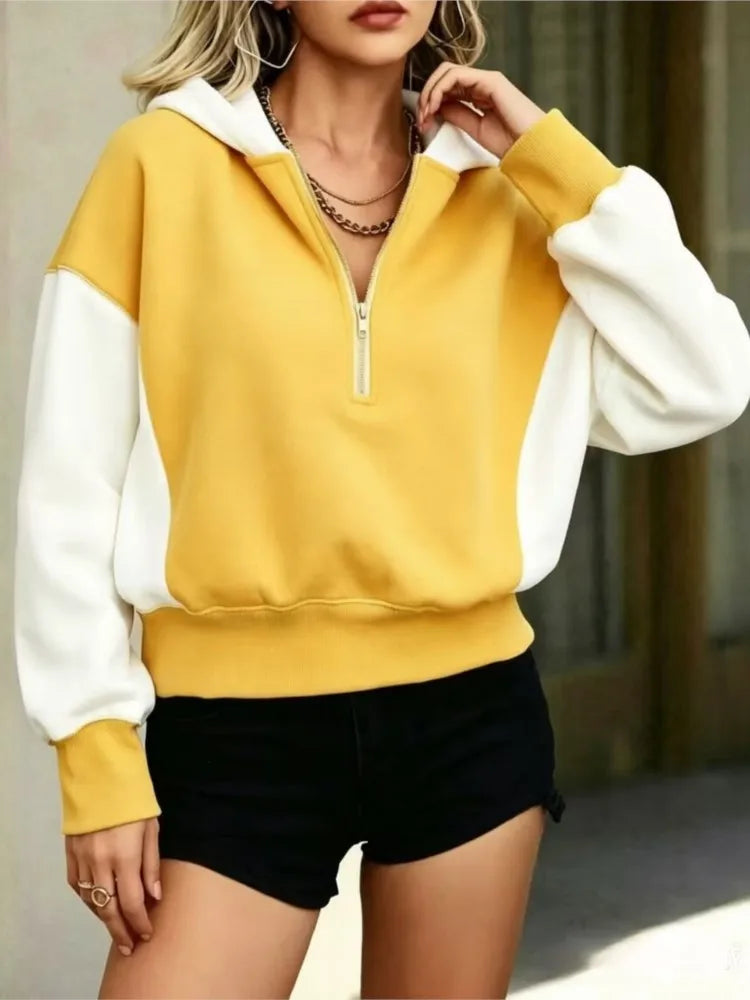 Yellow and white colorblock quarter-zip hoodie, front view