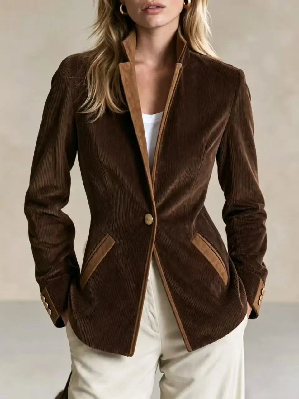Woman wearing brown corduroy blazer with suede trim, front view