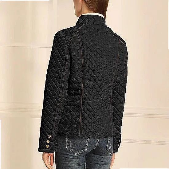 Back view of black quilted puffer jacket