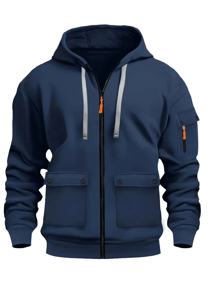 Navy blue zip-up cargo hoodie with hood and chest pockets