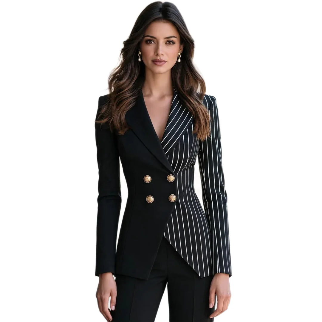 Woman wearing black pinstripe panel double breasted blazer