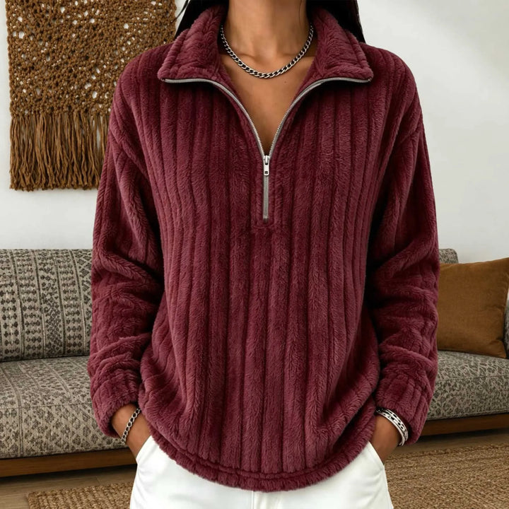 Woman wearing burgundy ribbed quarter-zip pullover, alternate view