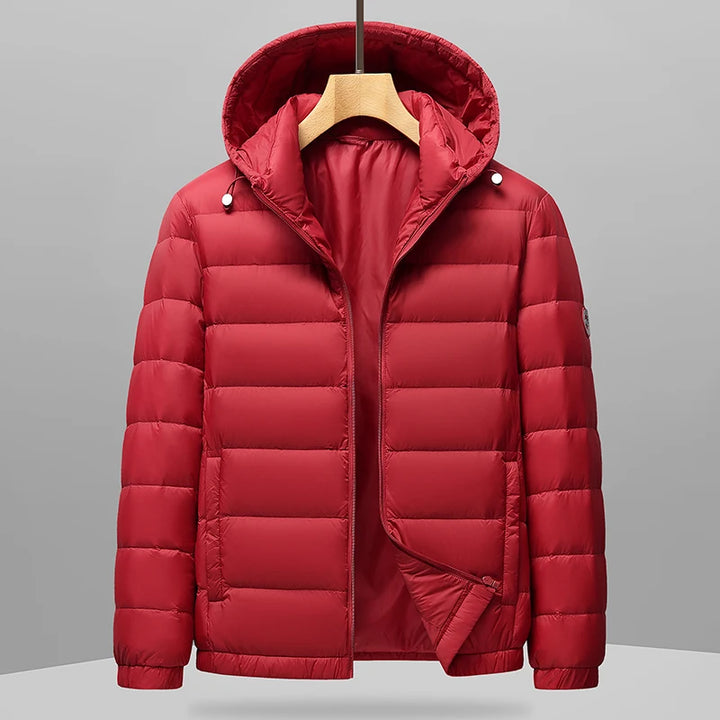 Red hooded puffer jacket, front view