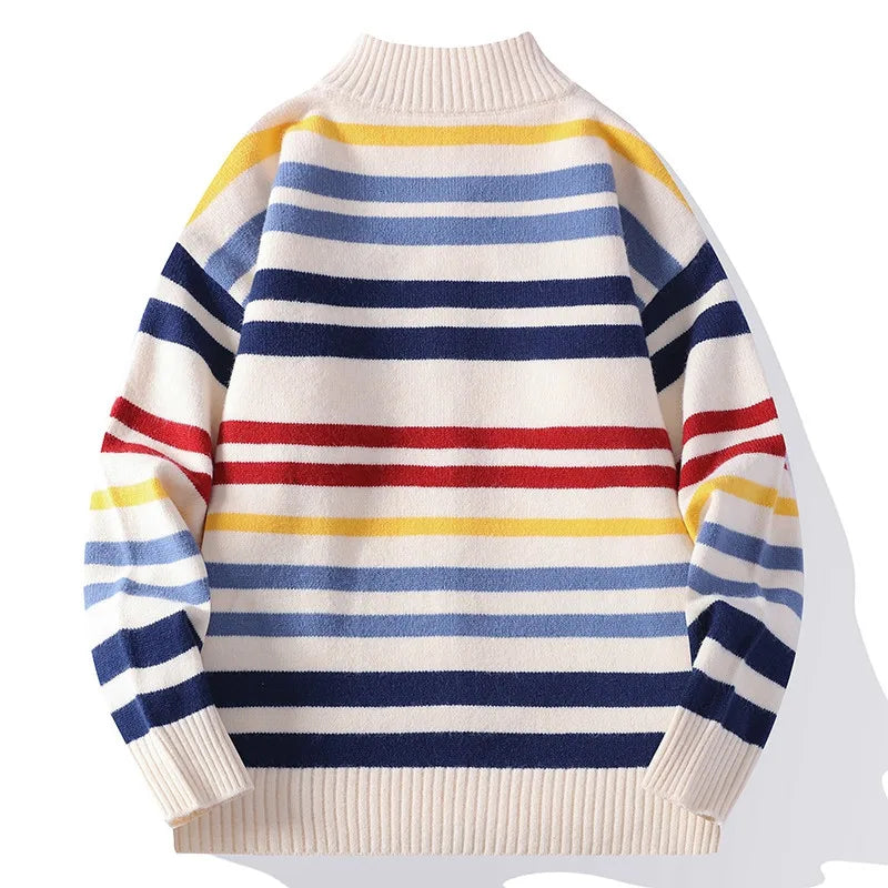 Multicolor striped zip-front cardigan sweater, back view