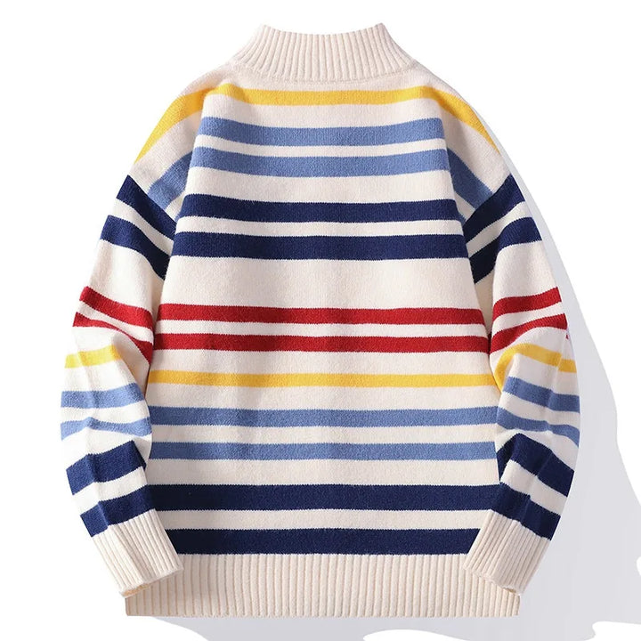 Multicolor striped zip-front cardigan sweater, back view
