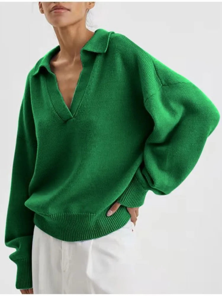 Green polo collar sweater front view