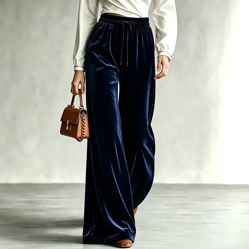 Navy velvet wide leg pants with drawstring waist, front view