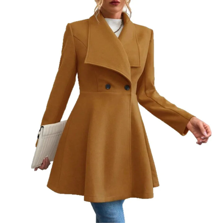 Camel waterfall collar swing coat, close front view