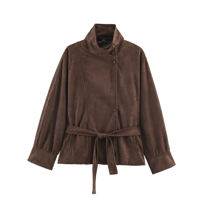 Brown suede-look belted jacket flat lay front view
