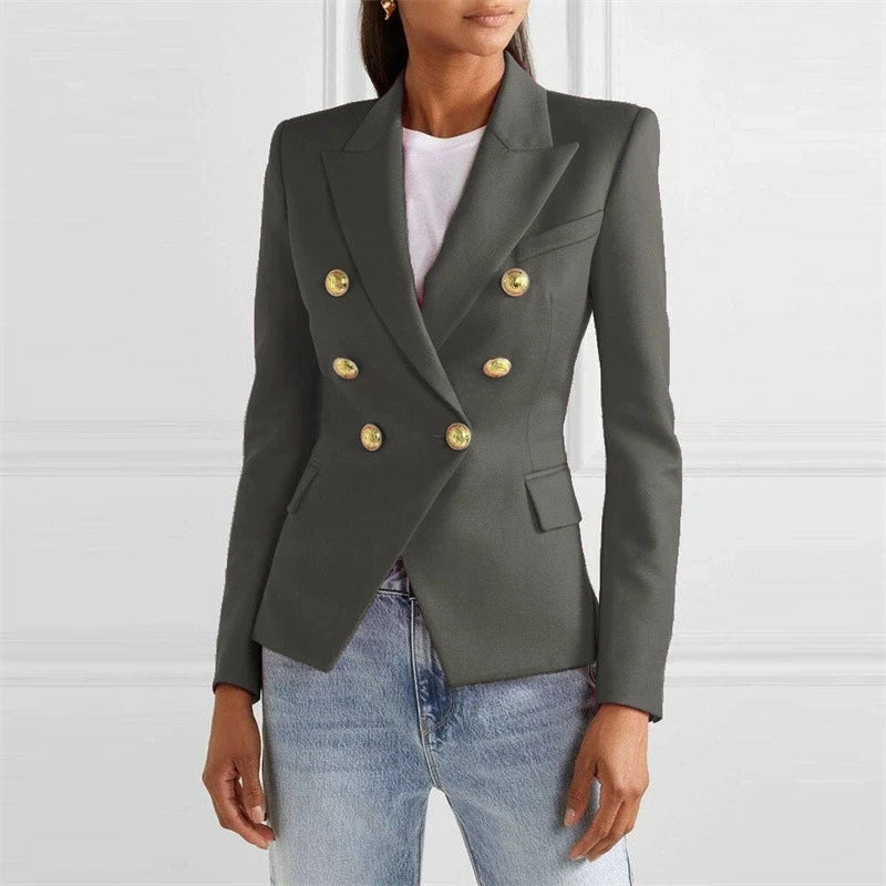 Gray double-breasted blazer with gold buttons