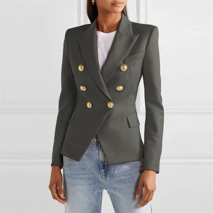 Gray double-breasted blazer with gold buttons