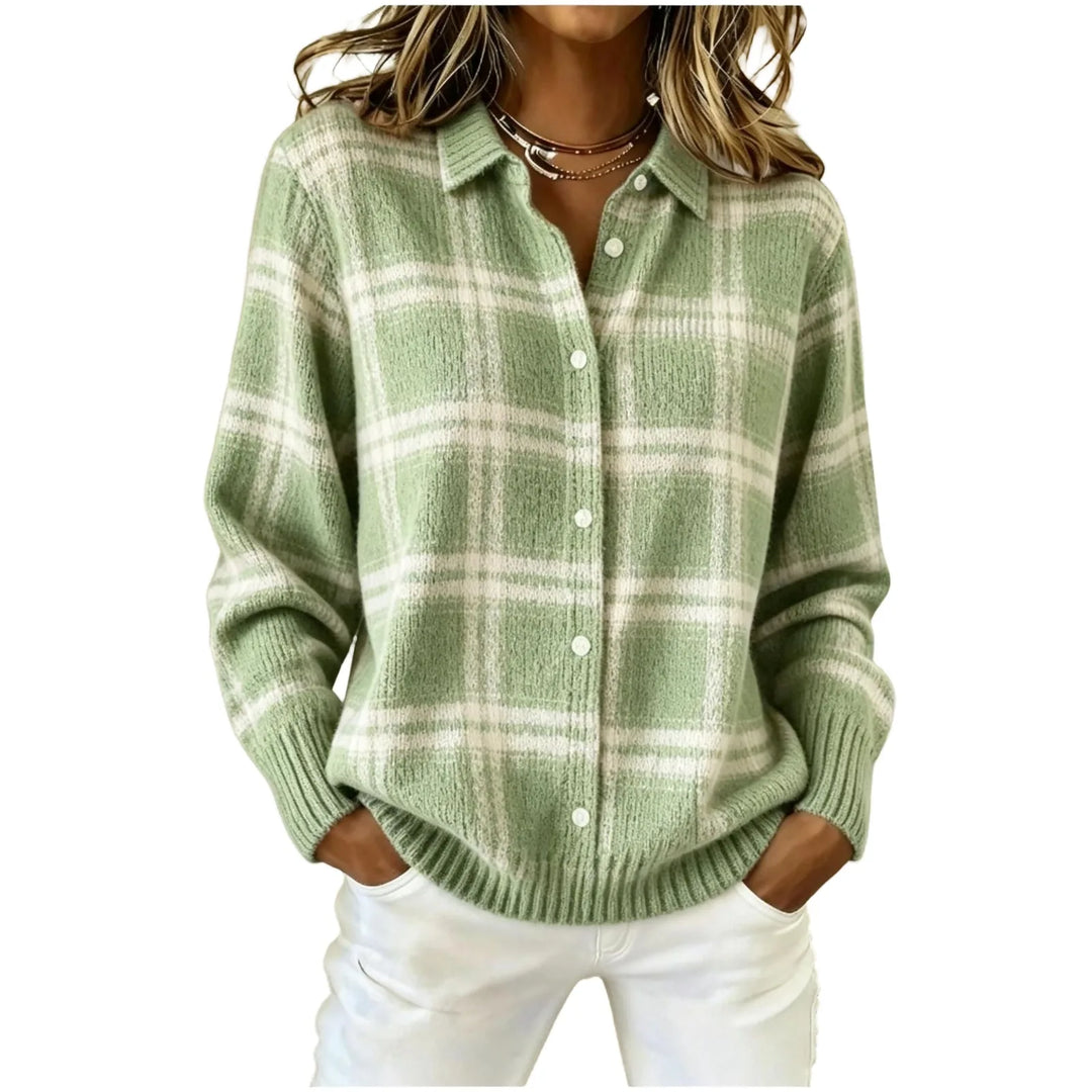Woman wearing green and cream plaid knit button front cardigan