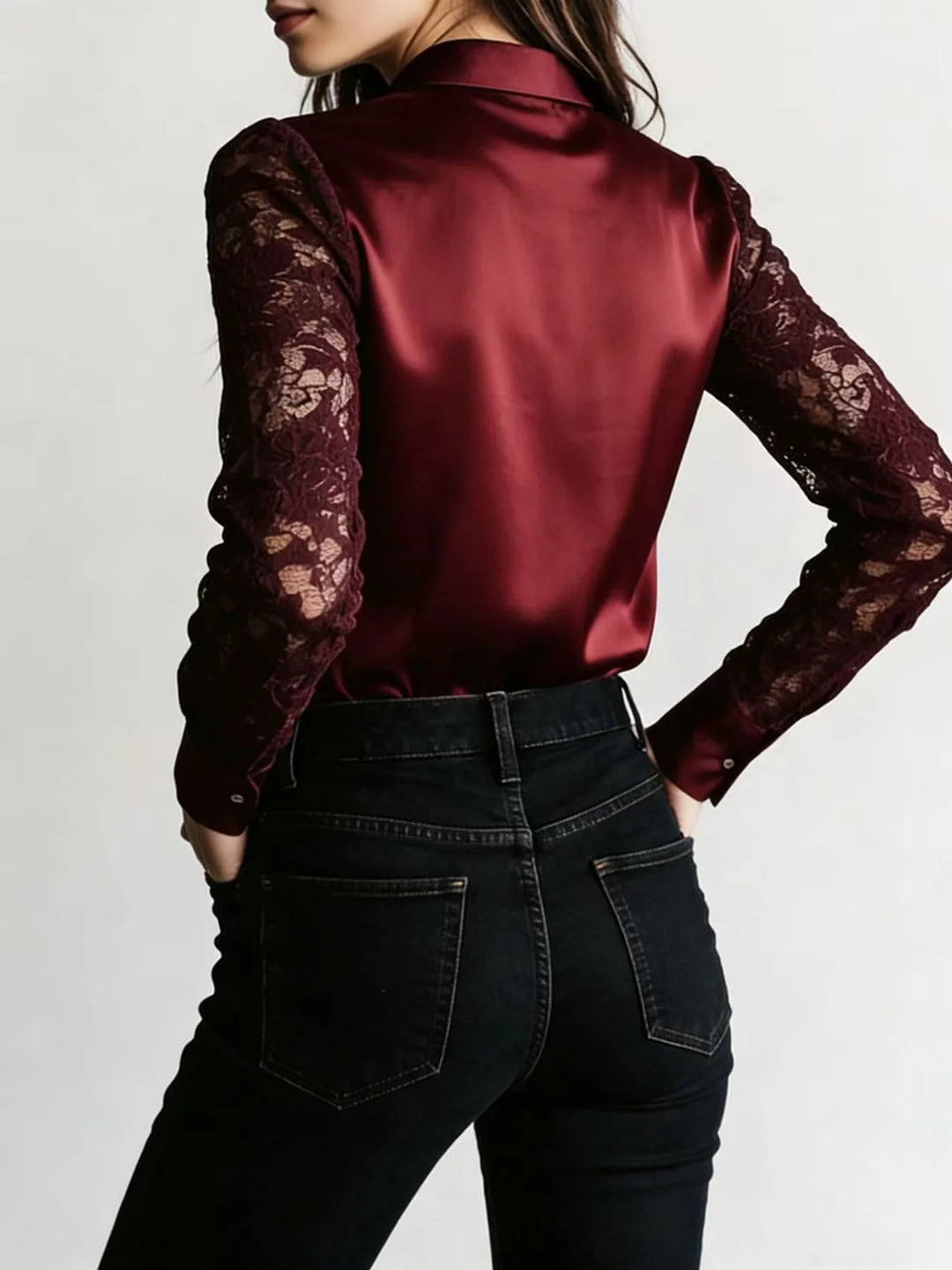 Burgundy satin lace blouse shown from the back