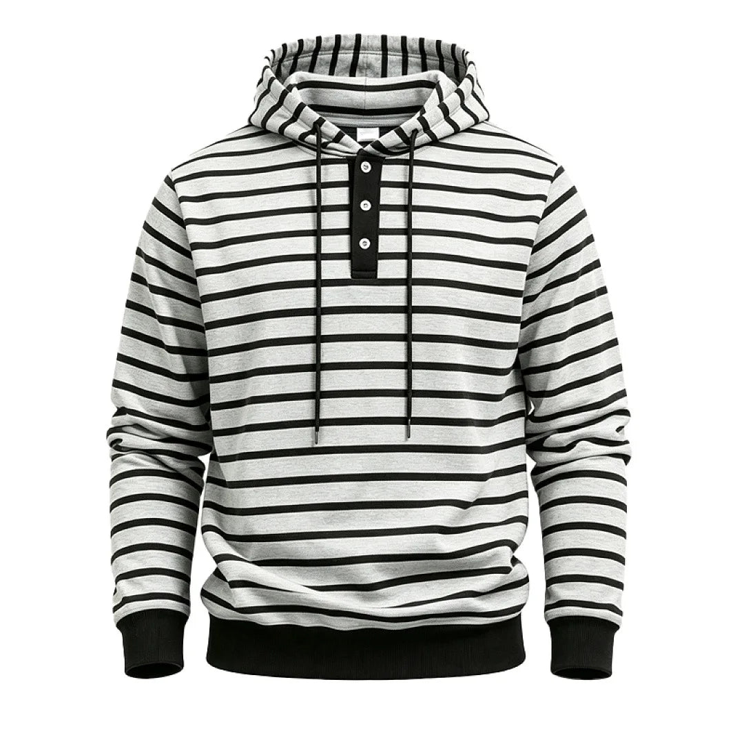 Men's light gray striped pullover hoodie, front view