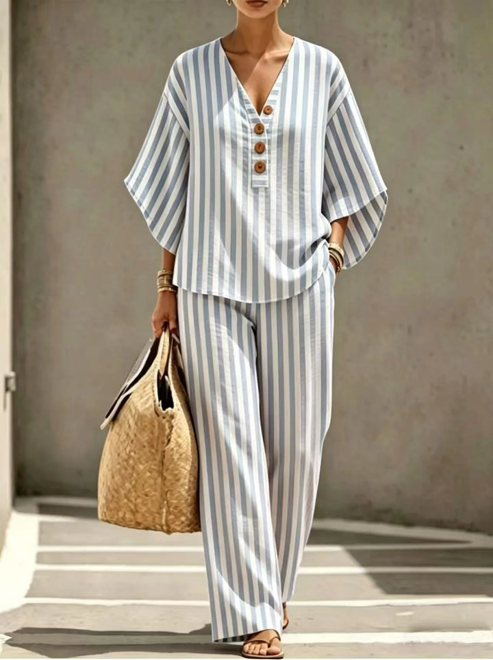 Odessa  Striped Short Sleeve Button Front Pants Set