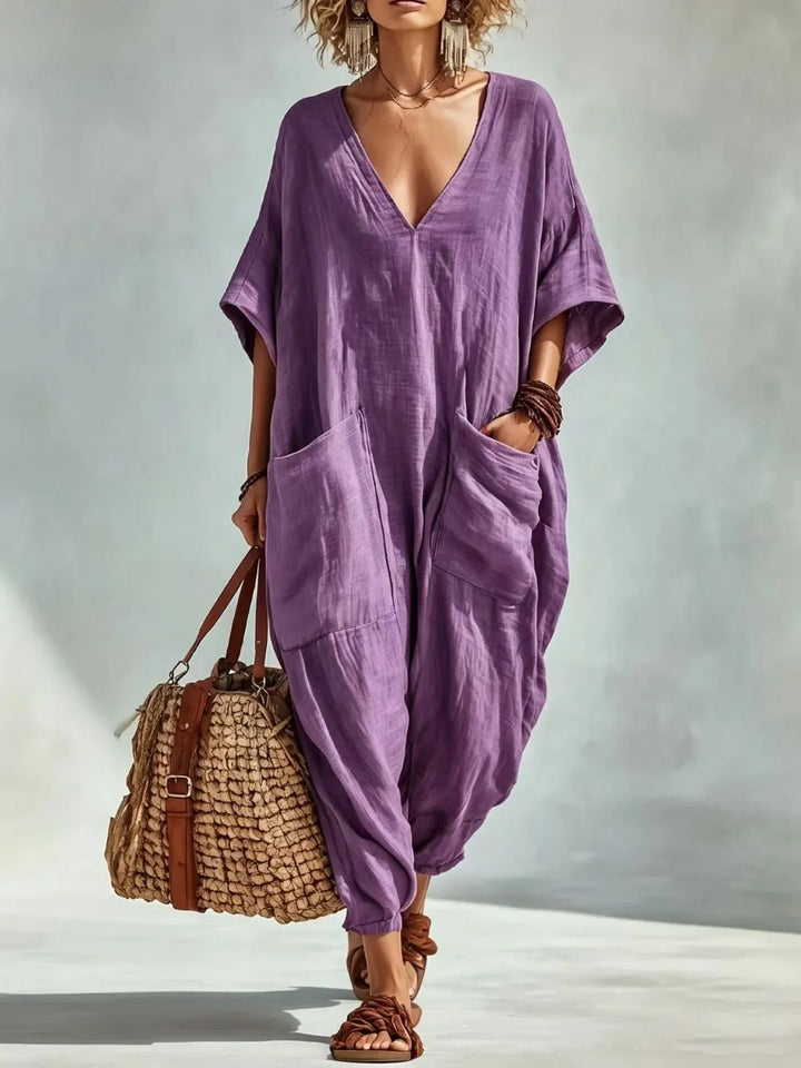 Harper V Neck Linen Blend Pocket Romper