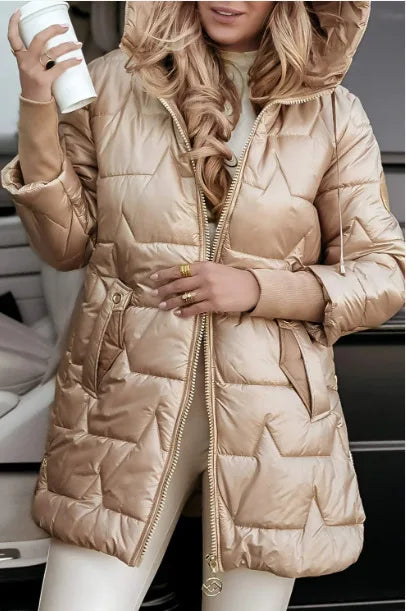 Front view of champagne quilted puffer jacket with drawstring hood