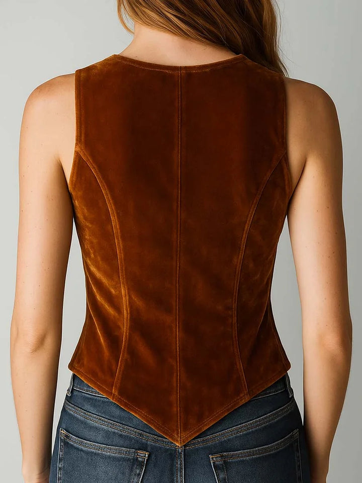 Back view of caramel velvet vest top with pointed hem and princess seams