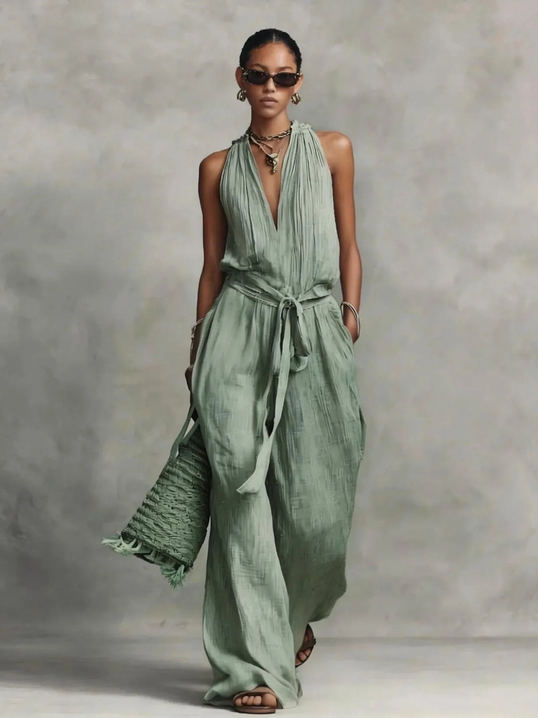 Calyara Front Tie Wide Leg Jumpsuit