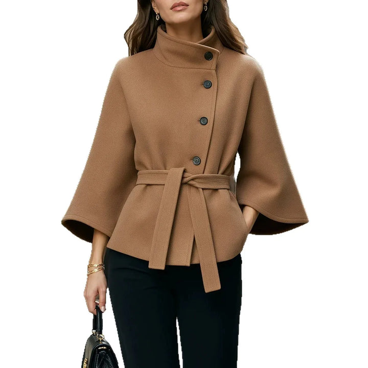 Camel belted cape coat with asymmetric button front