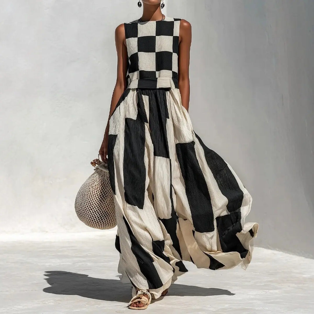 Aminta Geometric Patchwork Maxi Dress