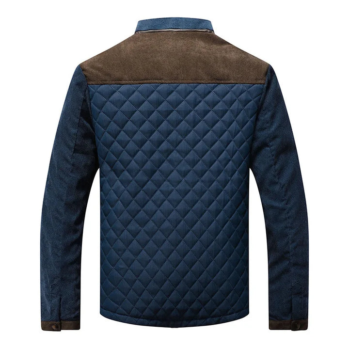 Men's quilted jacket in navy with brown shoulder yoke, back view