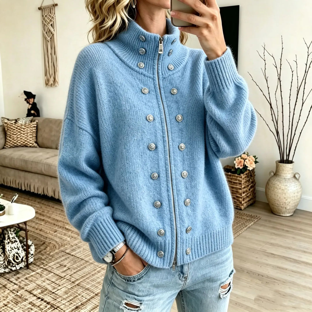 Woman wearing sky blue stand collar zip cardigan with button details