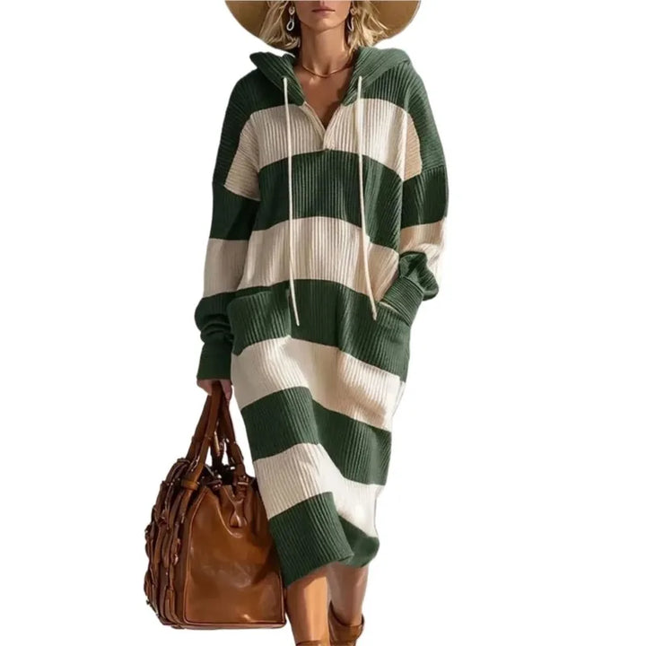 Woman wearing green and cream striped hooded sweater dress