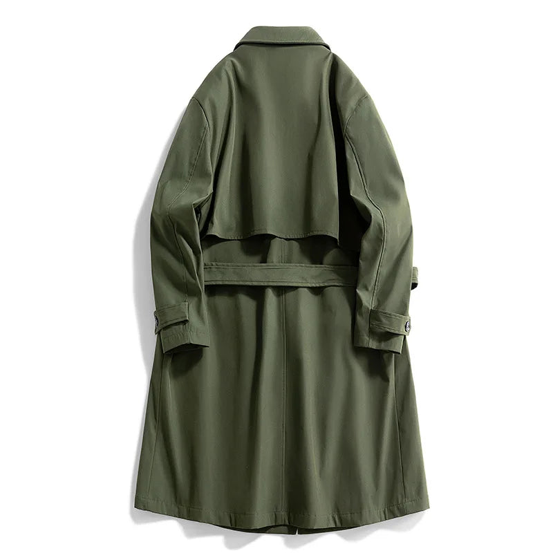 Army green trench coat back view with belt