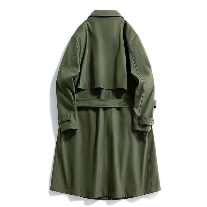 Army green trench coat back view with belt
