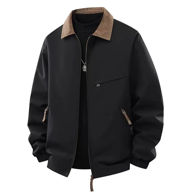 Black jacket with corduroy collar worn open