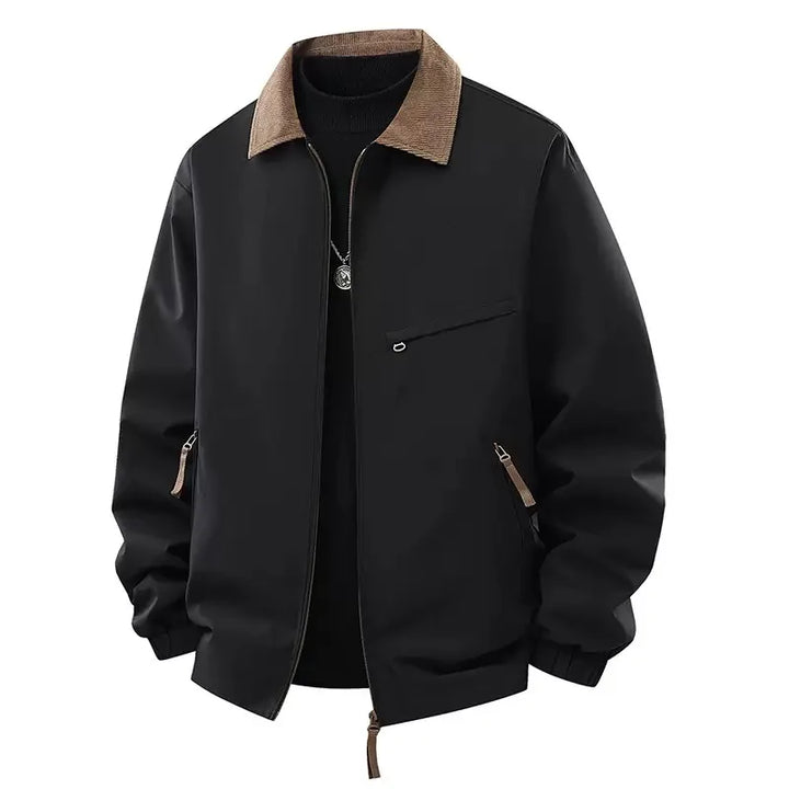 Black jacket with corduroy collar worn open