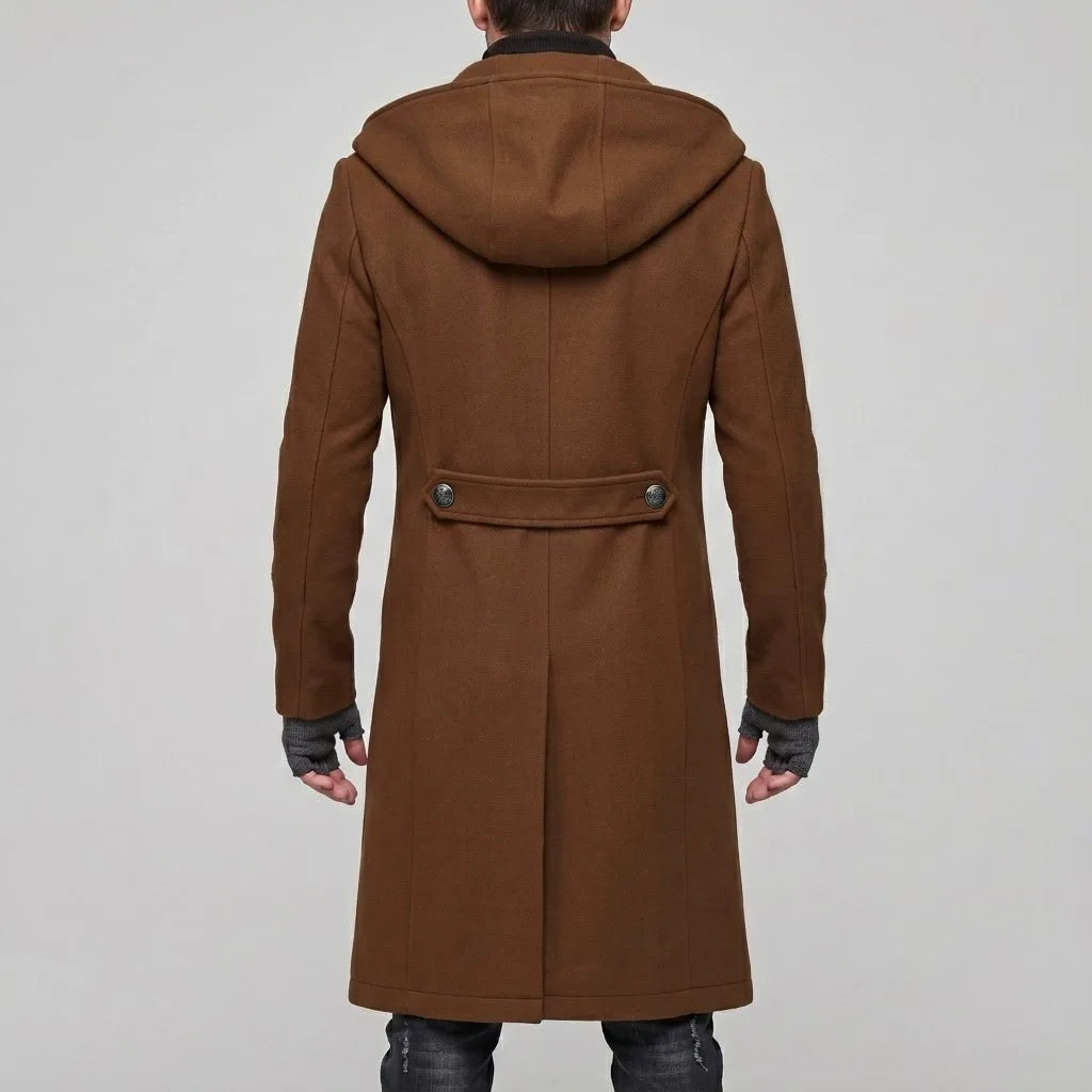 Back view of camel hooded trench coat with back button tab