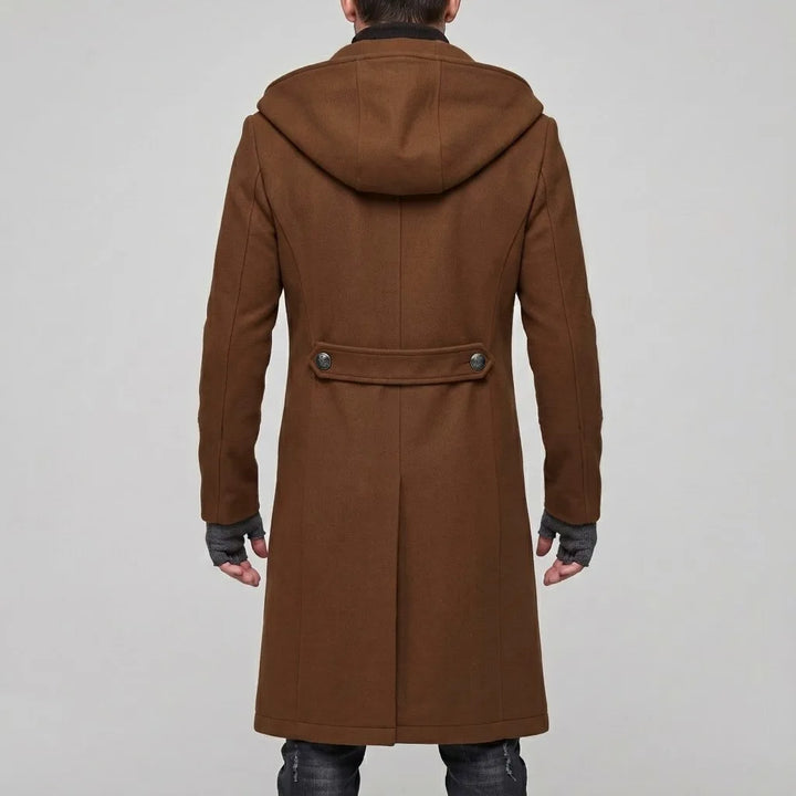 Back view of camel hooded trench coat with back button tab