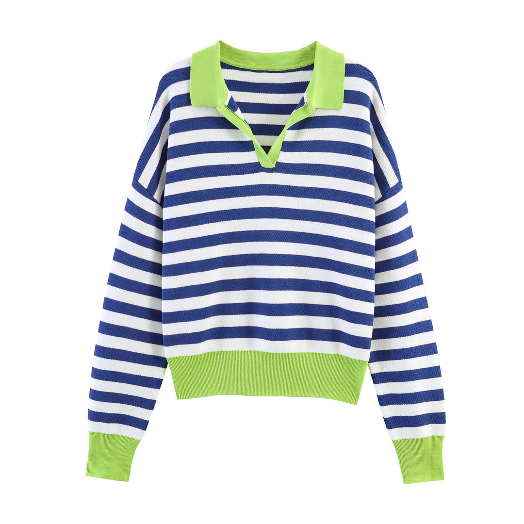 Navy and white striped polo sweater with green trim, front view