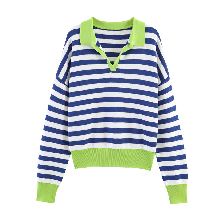 Navy and white striped polo sweater with green trim, front view
