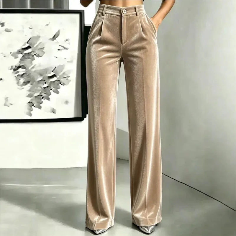 Beige velvet wide leg pants front view