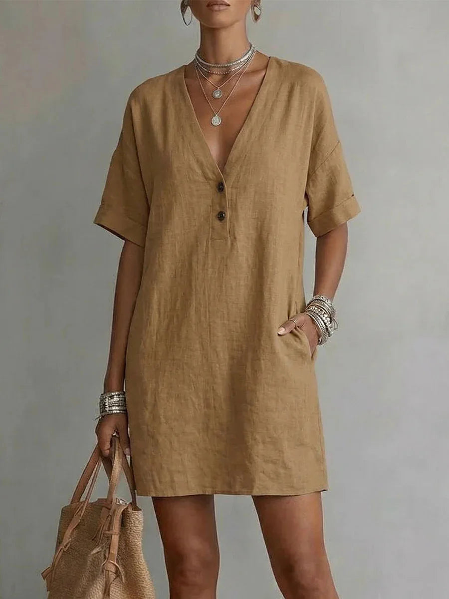 Tanisha Breathable Linen V-Neck Mini Dress