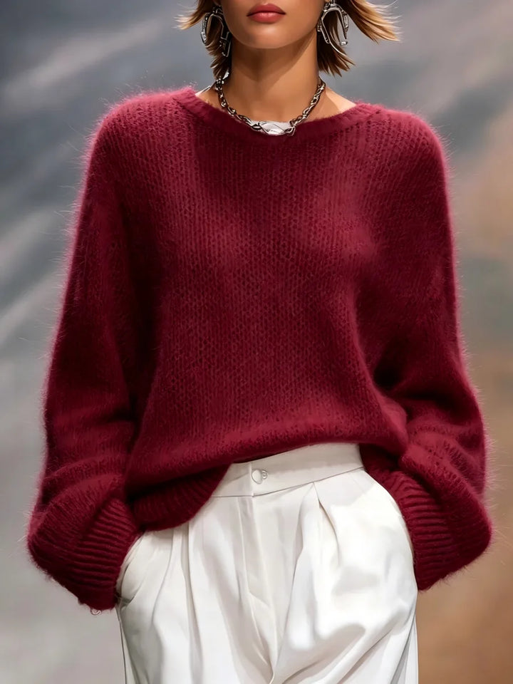 Burgundy brushed knit pullover sweater front view