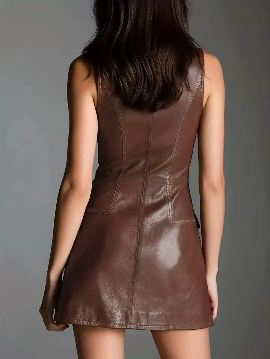 Back view of dark brown faux leather fit and flare mini dress
