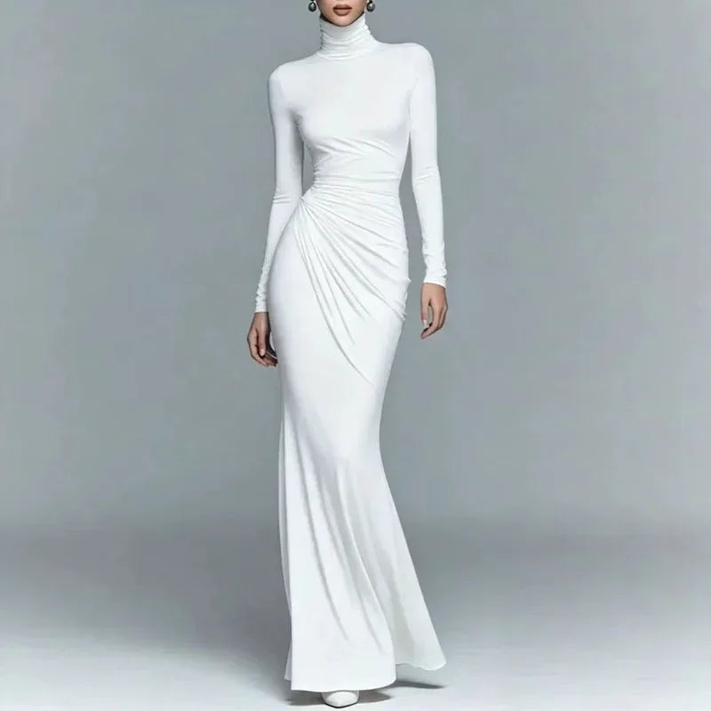 White turtleneck bodycon maxi dress with ruched waist, front view