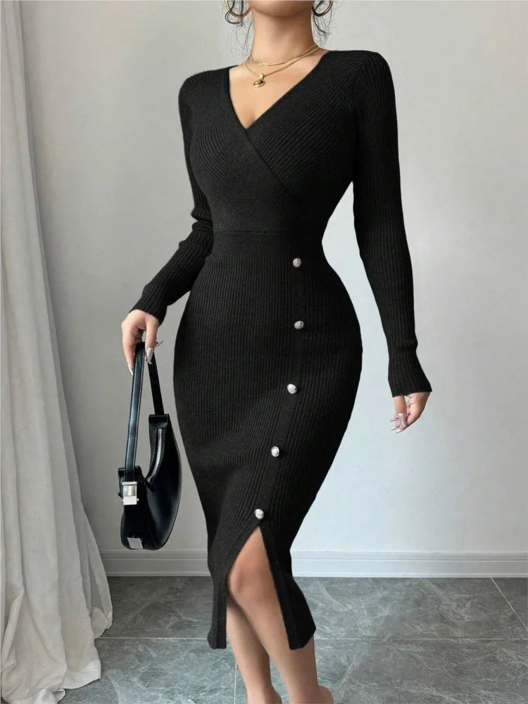 Black ribbed knit sweater dress with wrap V-neck and front slit